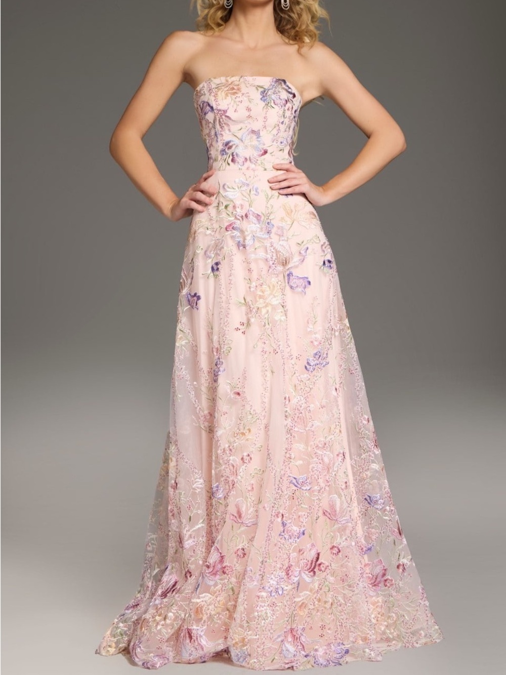 JOVANI Strapless A-Line Gown with Floral
Embroidery 39144